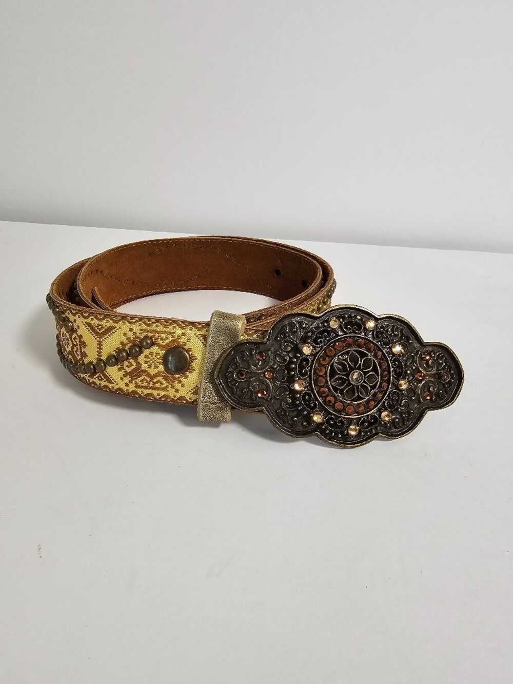 Vintage Leatherock Belt Crystals Gold Metallic Brocade Studded Boho Leather L